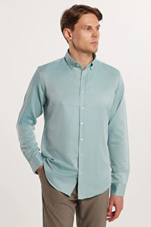 Erkek Slim Fit Dar Kesim Pamuklu Kolay Ütü Yeşil Düğmeli Yaka Gömlek