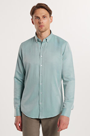 Erkek Slim Fit Dar Kesim Pamuklu Kolay Ütü Yeşil Düğmeli Yaka Gömlek