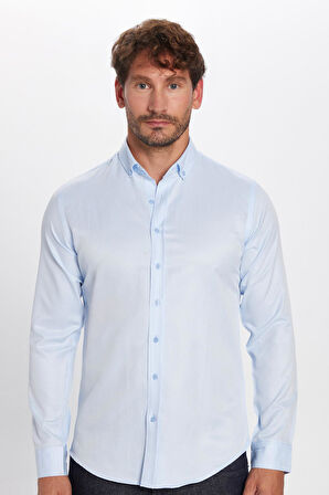 Erkek Slim Fit Dar Kesim Pamuklu Kolay Ütü Mavi Düğmeli Yaka Gömlek