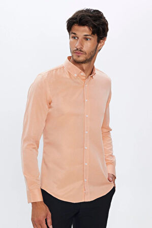 Erkek Slim Fit Dar Kesim Pamuklu Kolay Ütü Turuncu Düğmeli Yaka Gömlek