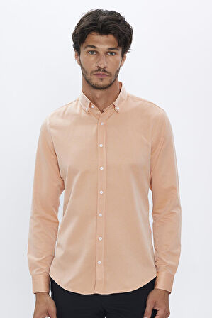 Erkek Slim Fit Dar Kesim Pamuklu Kolay Ütü Turuncu Düğmeli Yaka Gömlek