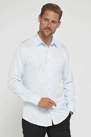Slim Fit Uzun Kollu Kolay Ütü Teri Emen Nefes Alan Doku Kravatlık Dört Mevsim Mavi Erkek Gömlek