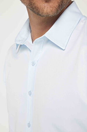 Slim Fit Uzun Kollu Kolay Ütü Teri Emen Nefes Alan Doku Kravatlık Dört Mevsim Mavi Erkek Gömlek