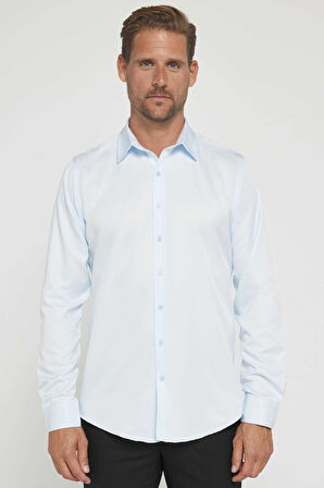 Slim Fit Uzun Kollu Kolay Ütü Teri Emen Nefes Alan Doku Kravatlık Dört Mevsim Mavi Erkek Gömlek