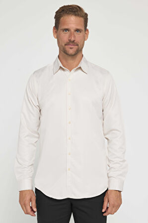 Slim Fit Uzun Kollu Kolay Ütü Teri Emen Nefes Alan Doku Kravatlık Dört Mevsim Taş Renk Erkek Gömlek