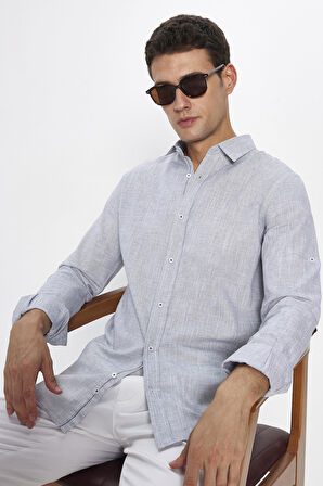 Erkek Slim Fit Dar Kesim Uzun Kollu %100 Pamuk Keten Doku Apoletli Gri Gömlek
