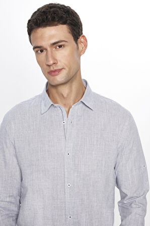 Erkek Slim Fit Dar Kesim Uzun Kollu %100 Pamuk Keten Doku Apoletli Gri Gömlek