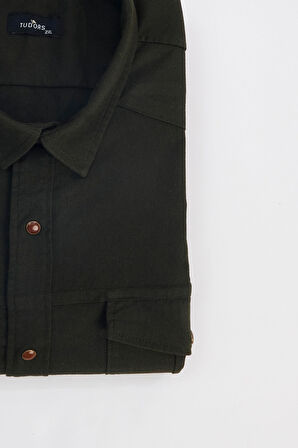 Erkek Big Size Büyük Beden Uzun Kollu Denim Kot Yıkamalı Çift Cepli Armürlü Haki Gömlek