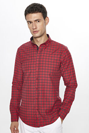 Erkek Slim Fit Dar Kesim Uzun Kollu Pamuklu Kolay Ütü Kareli Düğmeli Yaka Gömlek
