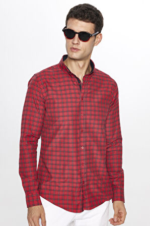 Erkek Slim Fit Dar Kesim Uzun Kollu Pamuklu Kolay Ütü Kareli Düğmeli Yaka Gömlek