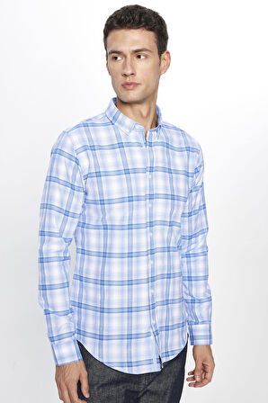 Erkek Slim Fit Dar Kesim Uzun Kollu Pamuklu Kolay Ütü Kareli Düğmeli Yaka Gömlek