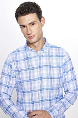 Erkek Slim Fit Dar Kesim Uzun Kollu Pamuklu Kolay Ütü Kareli Düğmeli Yaka Gömlek