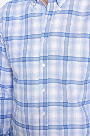 Erkek Slim Fit Dar Kesim Uzun Kollu Pamuklu Kolay Ütü Kareli Düğmeli Yaka Gömlek