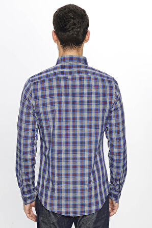 Erkek Slim Fit Dar Kesim Uzun Kollu Pamuklu Kolay Ütü Kareli Düğmeli Yaka Gömlek