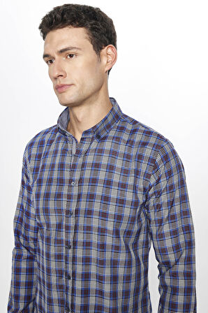 Erkek Slim Fit Dar Kesim Uzun Kollu Pamuklu Kolay Ütü Kareli Düğmeli Yaka Gömlek