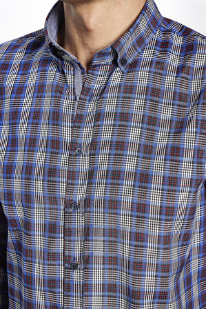 Erkek Slim Fit Dar Kesim Uzun Kollu Pamuklu Kolay Ütü Kareli Düğmeli Yaka Gömlek