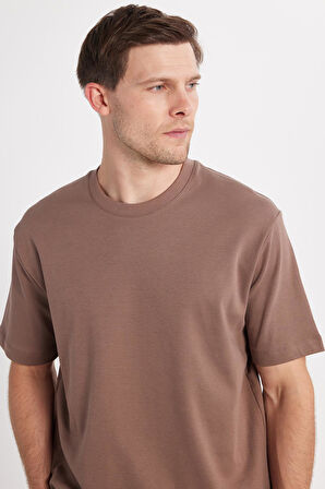 Unisex Relax Fit Rahat Kesim %100 Pamuk Yumuşak Dokulu Hafif Kalın Kahverengi Bisiklet Yaka Tişört