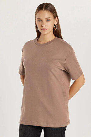 Unisex Relax Fit Rahat Kesim %100 Pamuk Yumuşak Dokulu Hafif Kalın Kahverengi Bisiklet Yaka Tişört