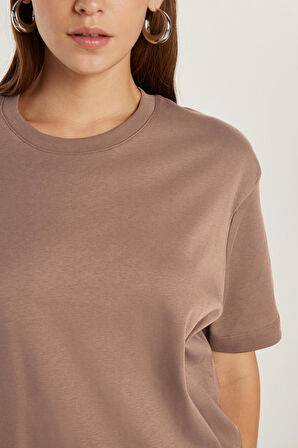 Unisex Relax Fit Rahat Kesim %100 Pamuk Yumuşak Dokulu Hafif Kalın Kahverengi Bisiklet Yaka Tişört