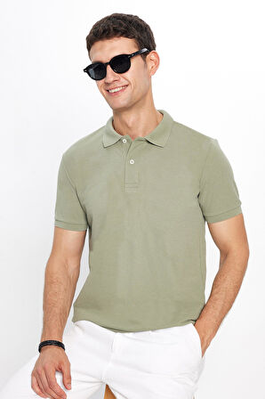 Erkek Slim Fit Dar Kesim Pamuklu Yumuşak Dokulu Serin Tutan Kumaş Düz Pike Haki Polo Yaka Tişört