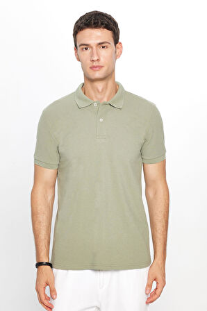 Erkek Slim Fit Dar Kesim Pamuklu Yumuşak Dokulu Serin Tutan Kumaş Düz Pike Haki Polo Yaka Tişört