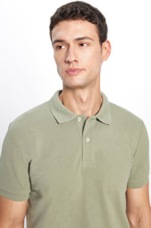Erkek Slim Fit Dar Kesim Pamuklu Yumuşak Dokulu Serin Tutan Kumaş Düz Pike Haki Polo Yaka Tişört