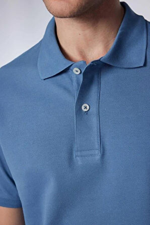 Erkek Slim Fit Dar Kesim Pamuklu Yumuşak Dokulu Serin Tutan Kumaş Düz Pike Mavi Polo Yaka Tişört