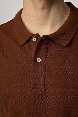 Erkek Slim Fit Dar Kesim Pamuklu Yumuşak Dokulu Serin Tutan Kumaş Düz Kahverengi Polo Yaka Tişört