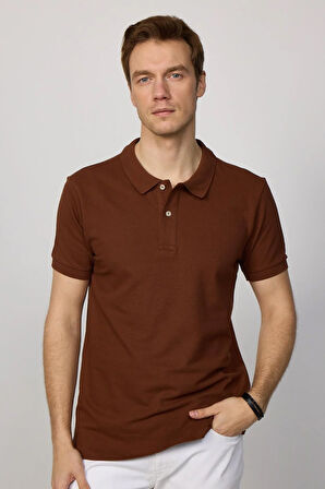 Erkek Slim Fit Dar Kesim Pamuklu Yumuşak Dokulu Serin Tutan Kumaş Düz Kahverengi Polo Yaka Tişört