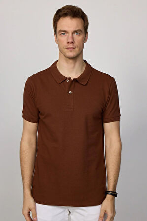 Erkek Slim Fit Dar Kesim Pamuklu Yumuşak Dokulu Serin Tutan Kumaş Düz Kahverengi Polo Yaka Tişört