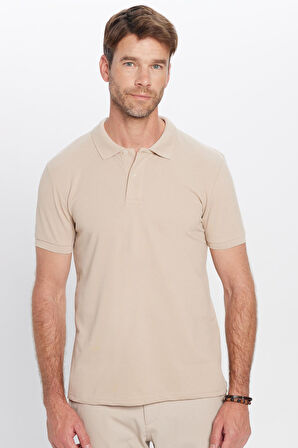 Erkek Slim Fit Dar Kesim Pamuklu Yumuşak Dokulu Serin Tutan Kumaş Düz Pike Taş Renk Polo Yaka Tişört