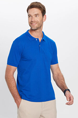 Erkek Slim Fit Dar Kesim Pamuklu Yumuşak Dokulu Serin Tutan Kumaş Düz Saks Mavi Polo Yaka Tişört