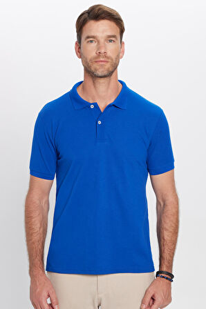 Erkek Slim Fit Dar Kesim Pamuklu Yumuşak Dokulu Serin Tutan Kumaş Düz Saks Mavi Polo Yaka Tişört