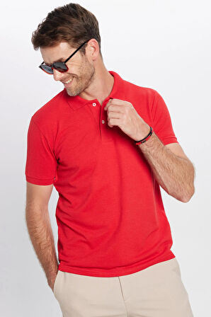 Erkek Slim Fit Dar Kesim Pamuklu Yumuşak Dokulu Serin Tutan Kumaş Düz Pike Kırmızı Polo Yaka Tişört