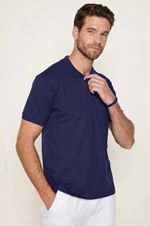 Erkek Slim Fit Dar Kesim Pamuklu Yumuşak Dokulu Serin Tutan Kumaş Düz Pike Lacivert Polo Yaka Tişört