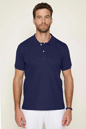 Erkek Slim Fit Dar Kesim Pamuklu Yumuşak Dokulu Serin Tutan Kumaş Düz Pike Lacivert Polo Yaka Tişört