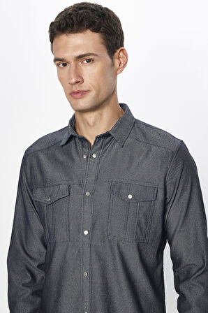 Erkek Slim Fit Dar Kesim Denim Kot Yıkamalı Çift Cepli İndigo Spor Yaka Gömlek