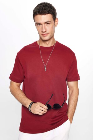 Unisex Relax Fit Rahat Kesim %100 Pamuk Yumuşak Dokulu Hafif Kalın Basic Bisiklet Yaka Bordo Tişört