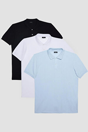 Erkek 3'lü Paket Siyah-Mavi-Beyaz Slim Fit Dar Kesim Pamuklu Düz Pike Polo Yaka Tişört
