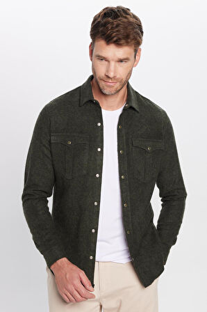 Erkek Slim Fit Dar Kesim Oduncu Çift Cepli Kapaklı Düz Haki Kışlık Gömlek