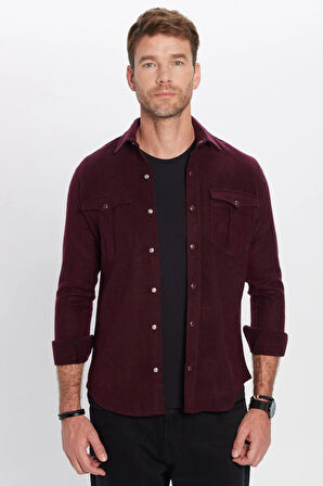 Erkek Slim Fit Dar Kesim Oduncu Çift Cepli Kapaklı Düz Bordo Kışlık Gömlek
