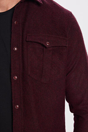 Erkek Slim Fit Dar Kesim Oduncu Çift Cepli Kapaklı Düz Bordo Kışlık Gömlek