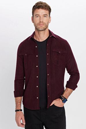 Erkek Slim Fit Dar Kesim Oduncu Çift Cepli Kapaklı Düz Bordo Kışlık Gömlek