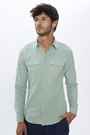 Erkek Slim Fit Dar Kesim %100 Pamuk Keten Doku Çift Cep Spor Yaka Yeşil Gömlek