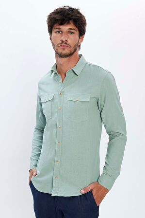 Erkek Slim Fit Dar Kesim %100 Pamuk Keten Doku Çift Cep Spor Yaka Yeşil Gömlek