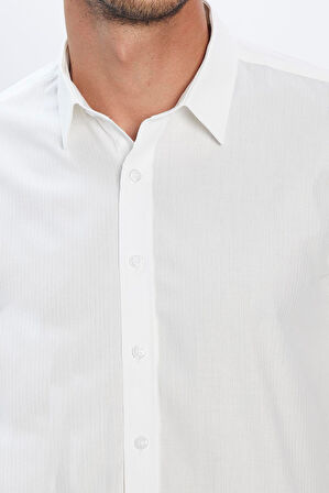 Erkek Modern Fit Dar Kesim %100 Pamuk Armürlü Premium Beyaz Gömlek