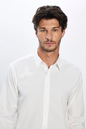 Erkek Modern Fit Dar Kesim %100 Pamuk Armürlü Premium Beyaz Gömlek