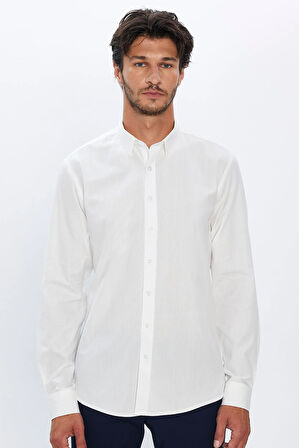 Erkek Modern Fit Dar Kesim %100 Pamuk Armürlü Premium Beyaz Gömlek
