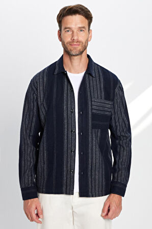 Erkek Relax Fit Rahat Kesim Oduncu Çizgili Tek Cepli Kışlık Gömlek