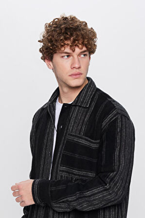 Erkek Relax Fit Rahat Kesim Oduncu Çizgili Tek Cepli Kışlık Gömlek